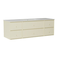 Cream-colored storage cabinet with six smooth, straight drawers and a light grey countertop. Perfect for minimalist decor.