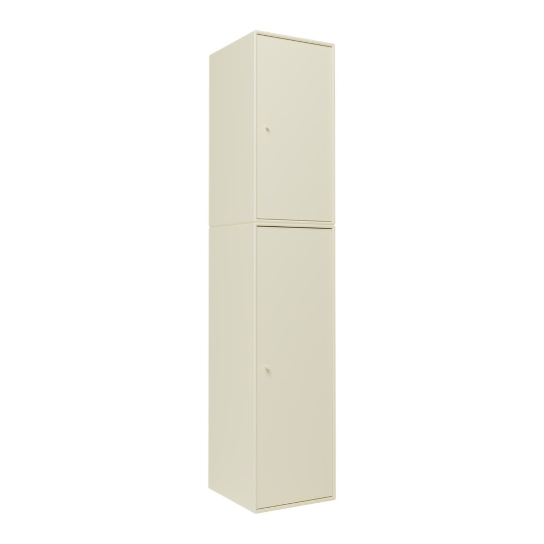 Tall, sleek storage cabinet in a soft cream color with a smooth, matte finish. Ideal for modern spaces.
