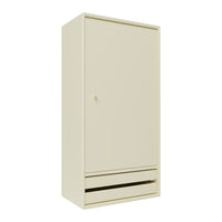 Cream-colored wardrobe with a smooth finish and a minimalist design, featuring one door and a bottom drawer.