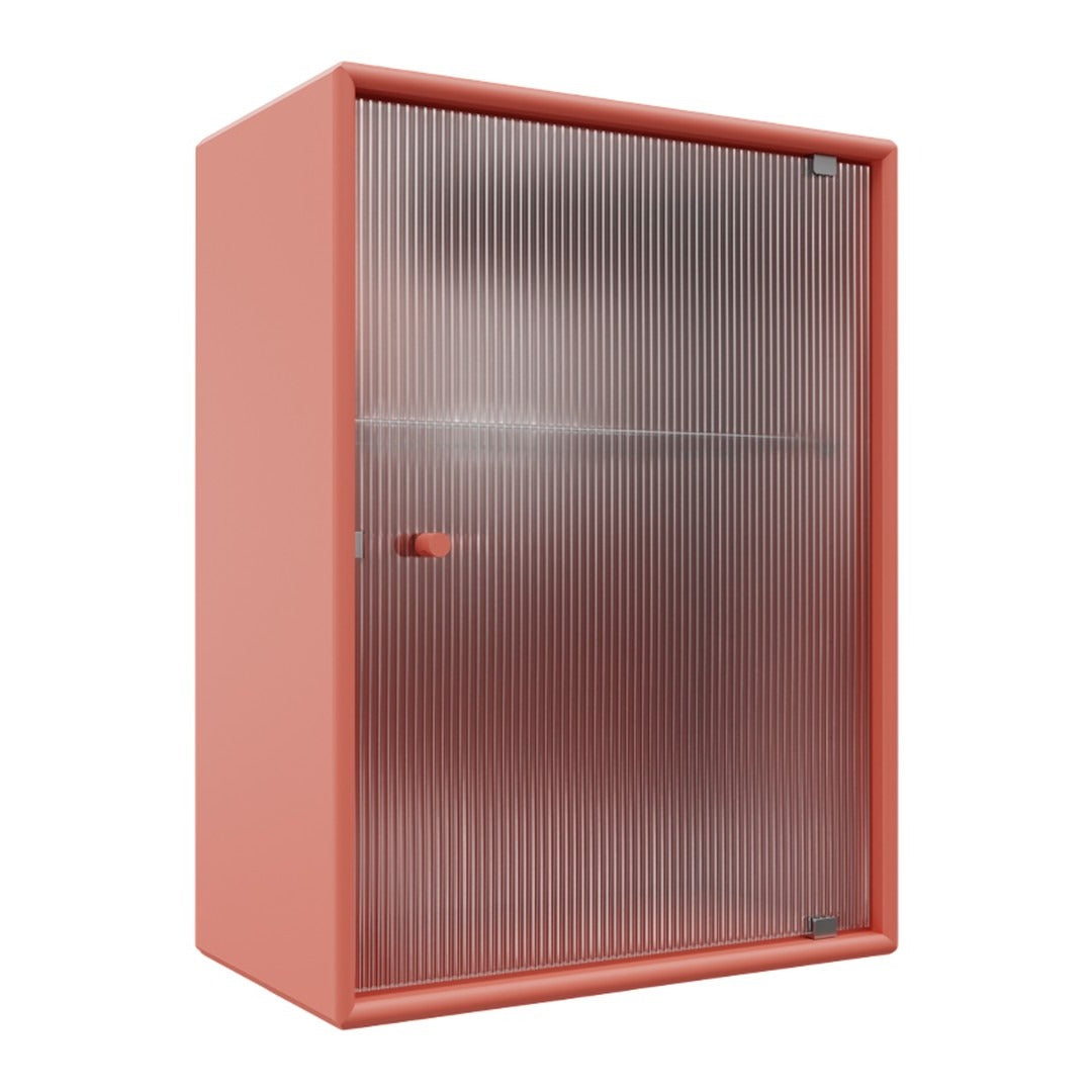 Coral pink cabinet with vertical ribbed glass door and sleek design, ideal for modern decor.