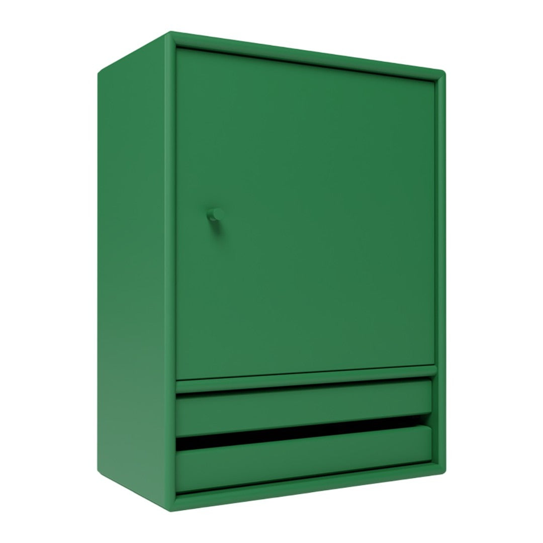 Green cabinet with a sleek, minimalist design featuring a solid color and smooth surface. Ideal for modern decor.