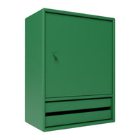 Green cabinet with a sleek, minimalist design featuring a solid color and smooth surface. Ideal for modern decor.