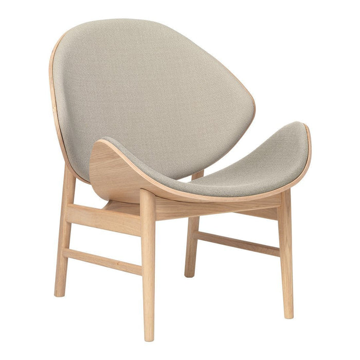 Light gray fabric chair with smooth curves and natural wood legs, offering a minimalist and modern design.