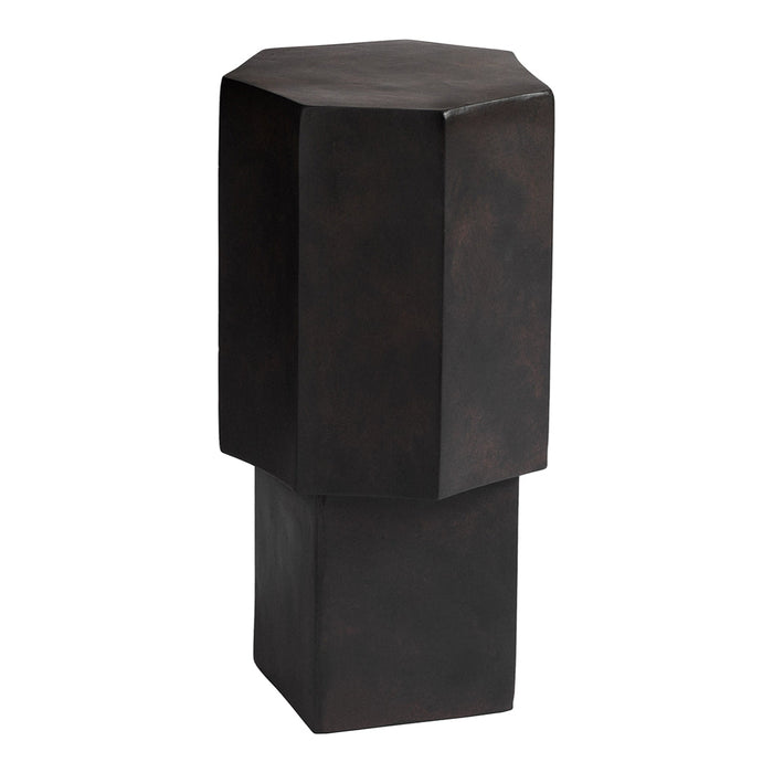 Hexagonal black metal side table with a matte finish, showcasing a geometric and modern design.