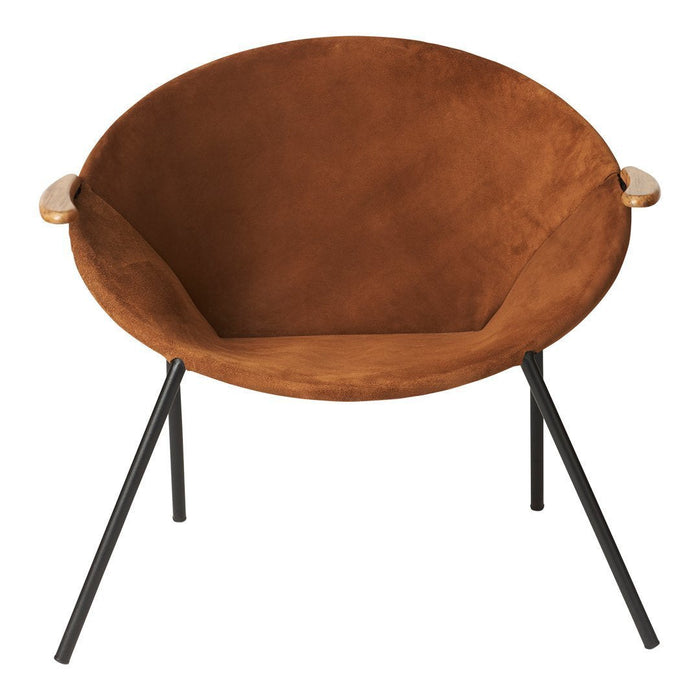 Round, brown suede chair with black metal legs and wooden armrests, creating a modern, stylish aesthetic.