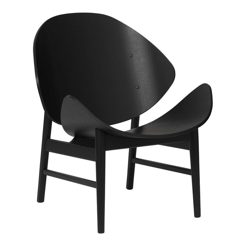 Elegant black chair with a unique, modern design featuring smooth, curved lines and minimalistic style.