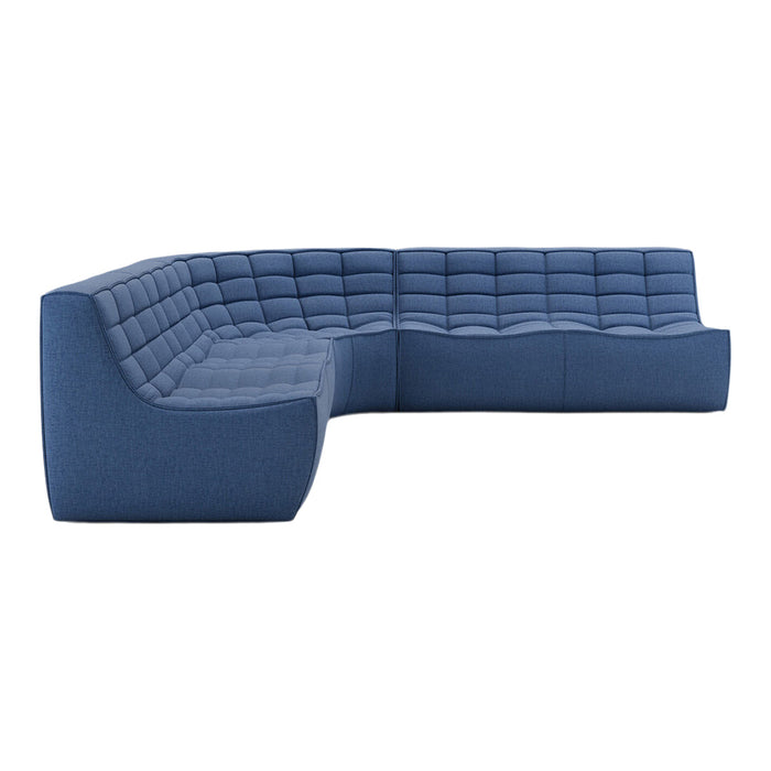 Blue tufted sectional sofa with a textured pattern and sleek, modern design. Ideal for contemporary living spaces.