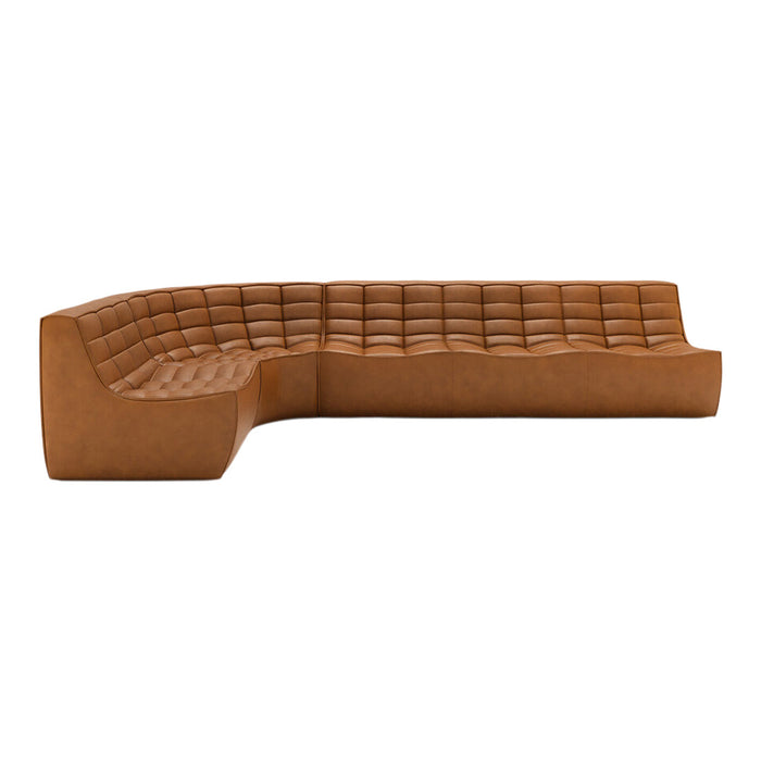 Brown tufted leather sectional sofa with smooth texture and modern design, perfect for contemporary living spaces.