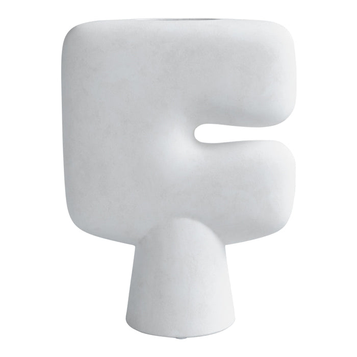 Sculptural white vase with a smooth, minimalist design and unique geometric shape for modern decor.