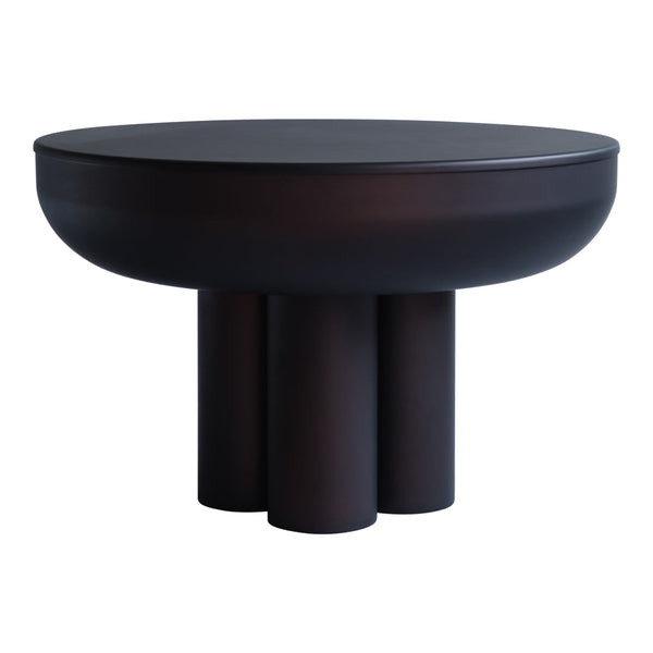 Round black table with a smooth finish and three cylindrical legs, featuring a modern minimalist design.