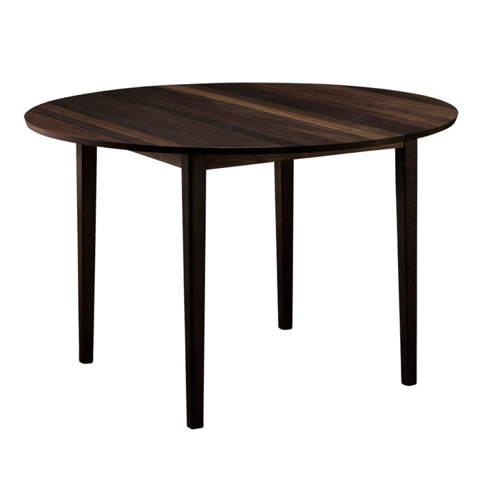 Round wooden table in a rich dark brown finish with subtle grain patterns. Ideal for a modern dining space.