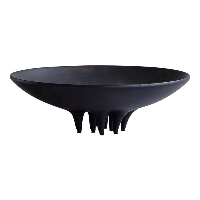 Black decorative bowl with a smooth matte finish and unique spike-like base design. Elegant and modern home decor piece.