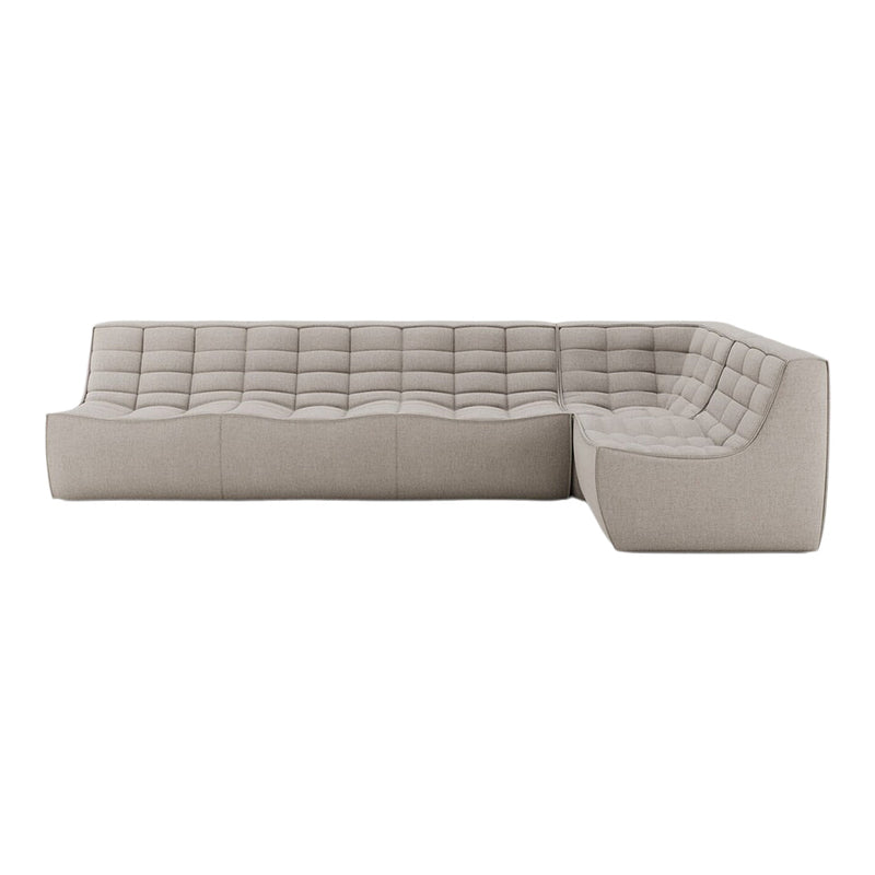 Beige sectional sofa with a tufted pattern, featuring a modern and minimalist design suitable for any living space.
