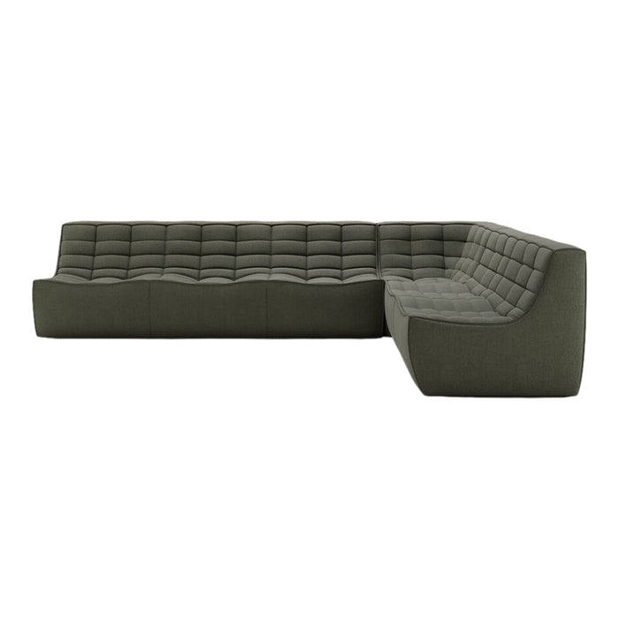 Dark olive green sectional sofa with tufted upholstery and modern design. Ideal for contemporary living spaces.