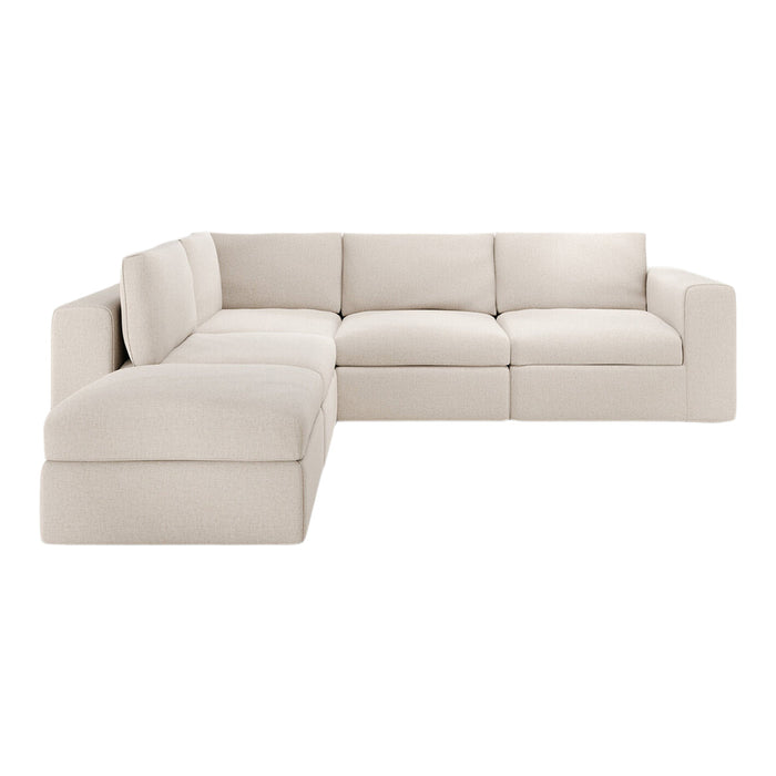 Light beige sectional sofa with a textured fabric and minimal pattern, ideal for modern living spaces.