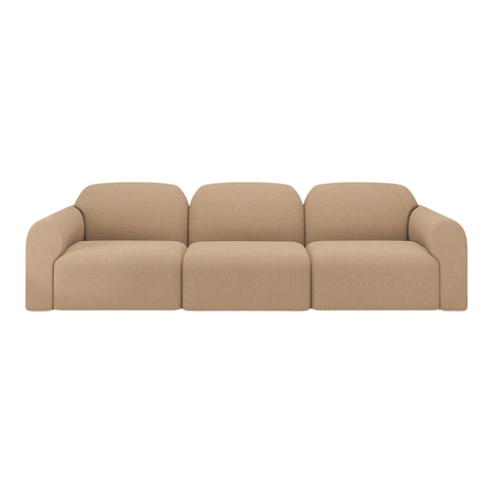 Beige three-seater sofa with soft, rounded edges and a smooth, solid fabric pattern for a cozy appearance.