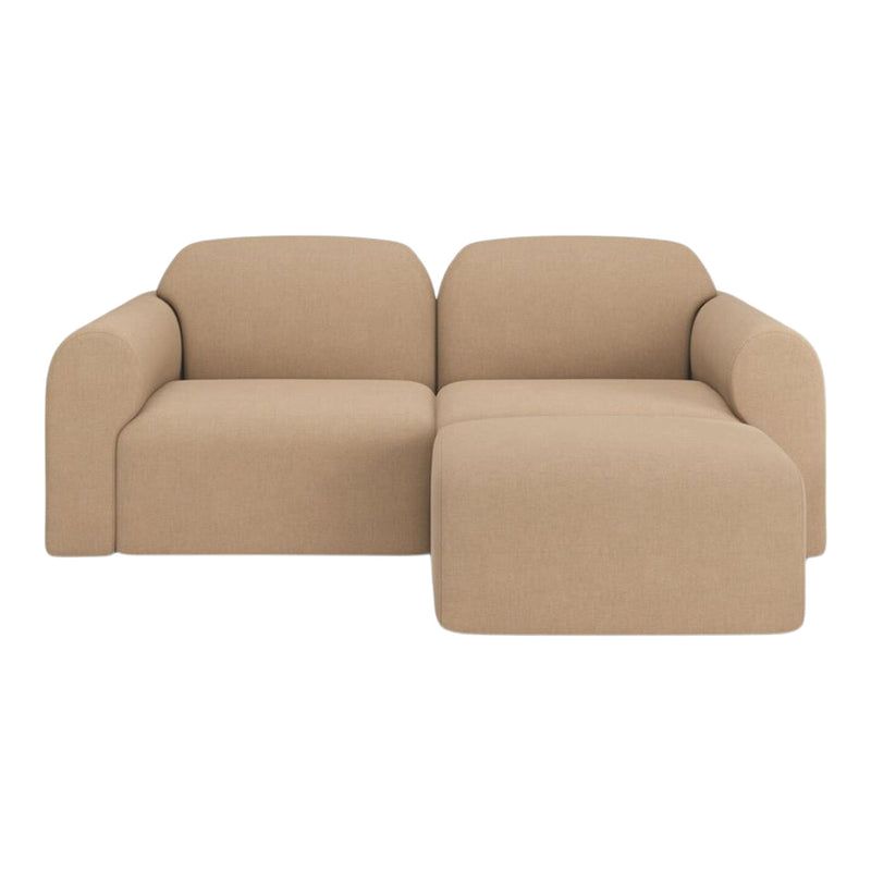 Beige fabric sectional sofa with smooth, minimalist design and no visible patterns. Ideal for modern interiors.