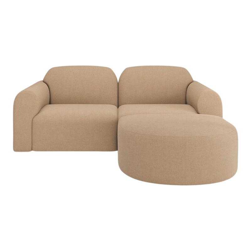 Beige modern sofa with a rounded ottoman, featuring a smooth, textured fabric pattern. Perfect for contemporary spaces.