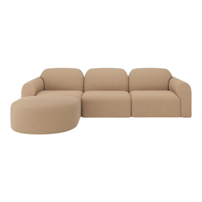 Beige sectional sofa with a smooth fabric finish and rounded shapes, perfect for modern interiors.