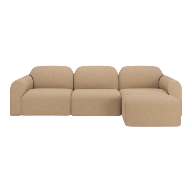 Beige upholstered sectional sofa with smooth, minimalist design and seamless curves. Perfect for modern interiors.