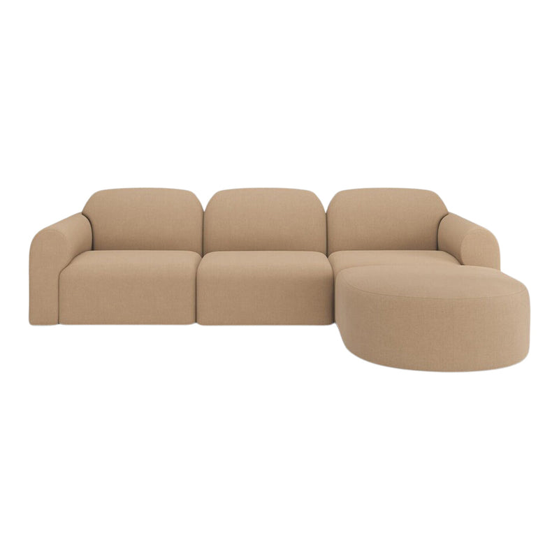 Beige curved sectional sofa with a smooth fabric texture and minimalist design, ideal for modern interiors.
