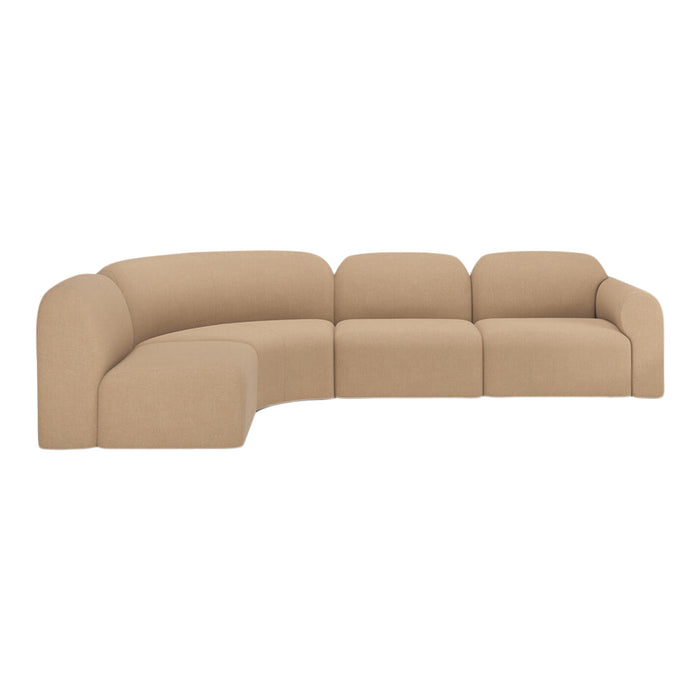 Curved sectional sofa in a soft beige fabric with a smooth, minimalist design. Ideal for modern living spaces.