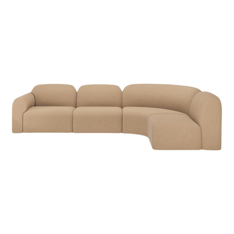 Beige curved sectional sofa with soft texture, featuring a seamless, modern design and minimalist aesthetic.