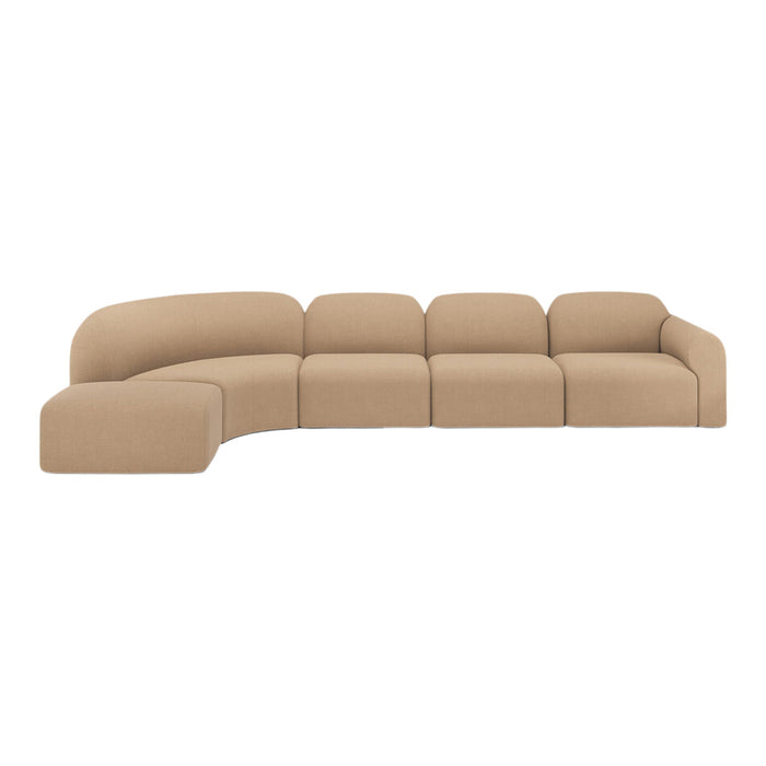 Beige curved sofa with a minimalist design and soft, textured fabric, perfect for modern interiors.
