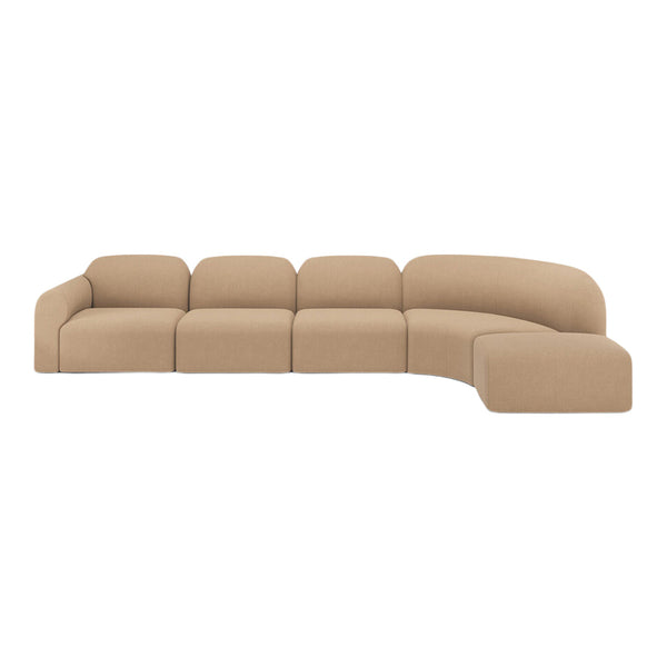 Curved beige sectional sofa with soft fabric upholstery and sleek minimalist design, perfect for modern living spaces.