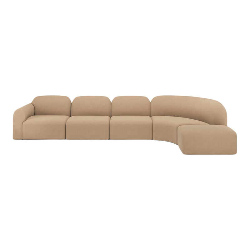 Curved beige sectional sofa with soft fabric upholstery and sleek minimalist design, perfect for modern living spaces.