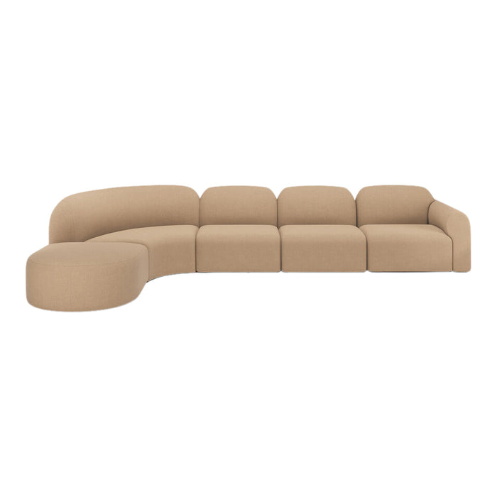 Curved beige sectional sofa with a textured fabric finish, featuring a minimalist design and soft, rounded edges.