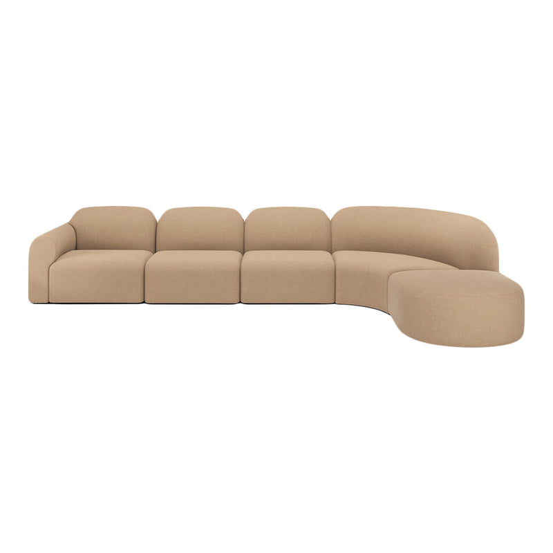 Beige curved sectional sofa with soft, plush upholstery and clean, modern lines. Perfect for any contemporary living space.