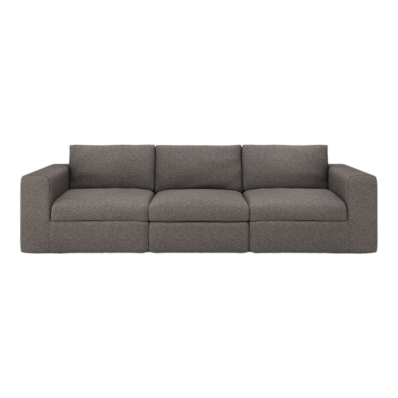 Gray upholstered sofa with a textured pattern, featuring clean lines and a modern design. Perfect for any living space.