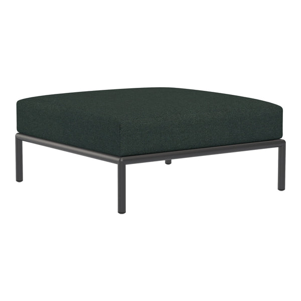 Square ottoman with a dark green fabric cushion and sleek black metal frame. Modern, minimalist design.