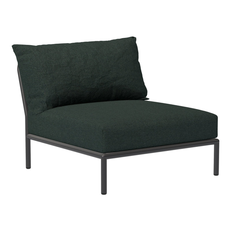 Deep green cushioned lounge chair with a textured fabric and sleek black metal frame. Perfect for modern decor.