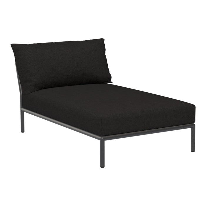 Black outdoor lounge chair with sleek metal frame and soft cushion, featuring a minimalist design. Perfect for modern patios.