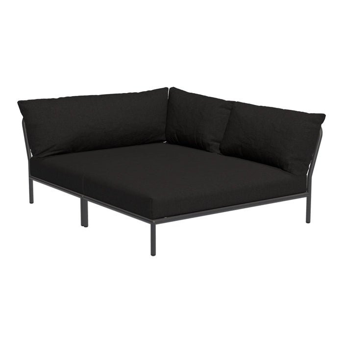 Black corner sofa with plush cushions and sleek metal frame, perfect for modern outdoor or indoor spaces.