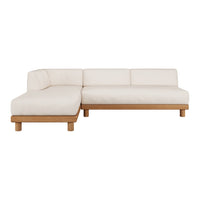 Modern L-shaped sofa in soft beige upholstery with natural wood legs, featuring a clean, minimalist design.