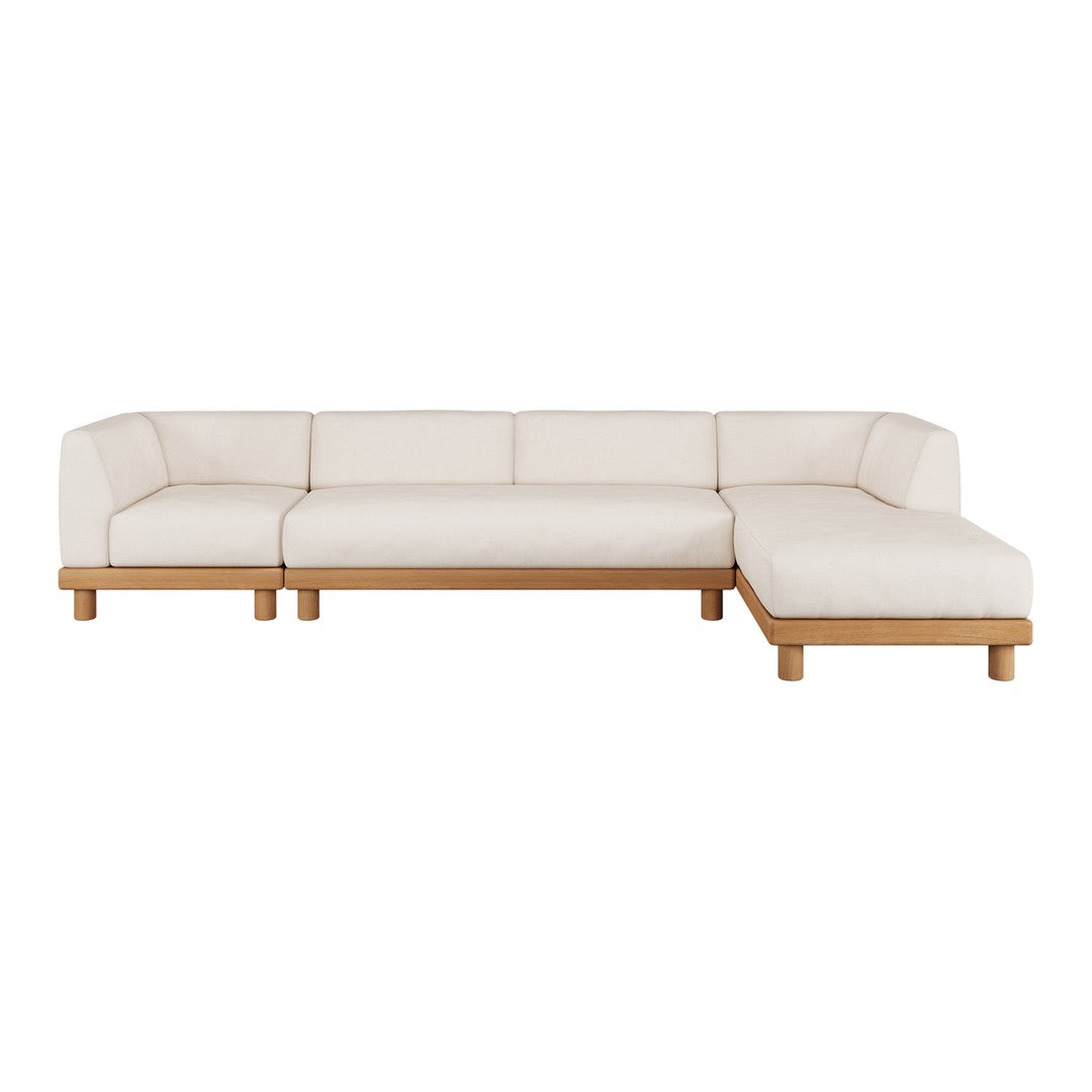 Light beige fabric sectional sofa with a minimalist design and natural wood legs, perfect for modern decor.