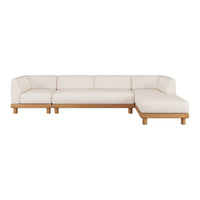 Light beige fabric sectional sofa with a minimalist design and natural wood legs, perfect for modern decor.