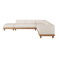 Beige sectional sofa with smooth fabric and natural wooden legs, featuring a modern, minimalist design.