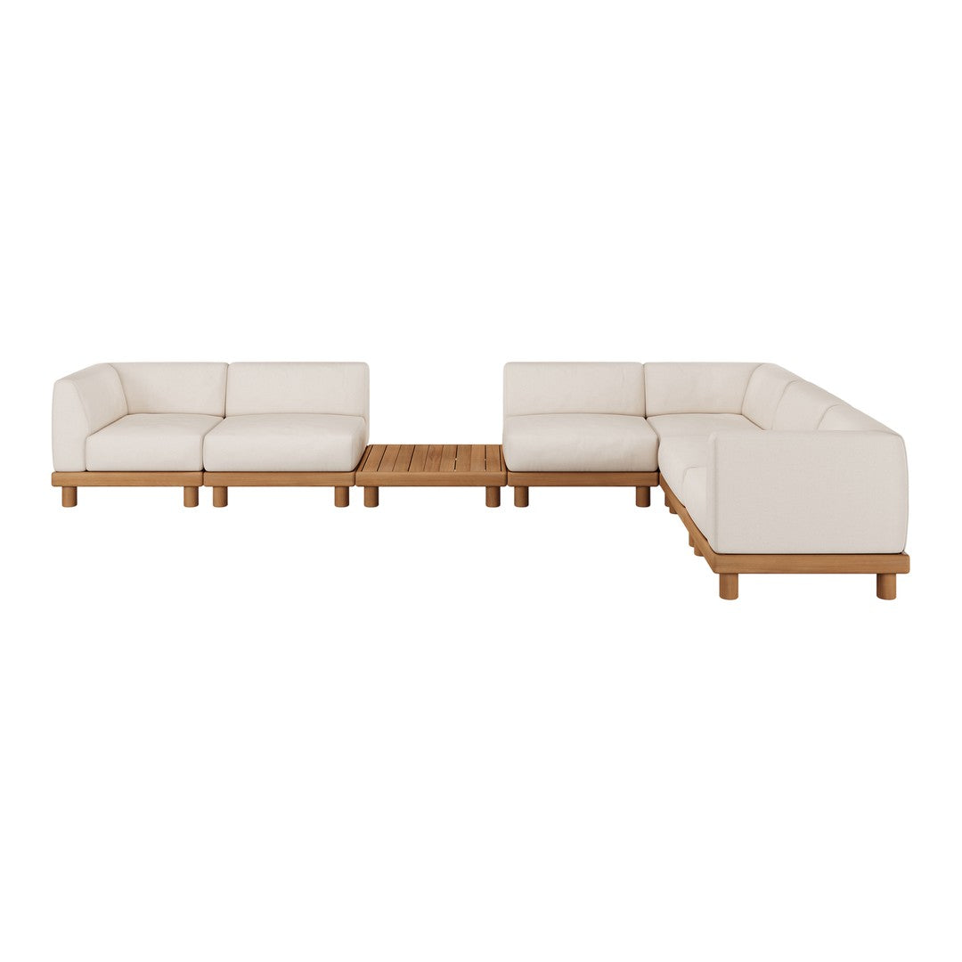 Modern sectional sofa in soft beige with natural wood accents, featuring a minimalist design and clean lines.