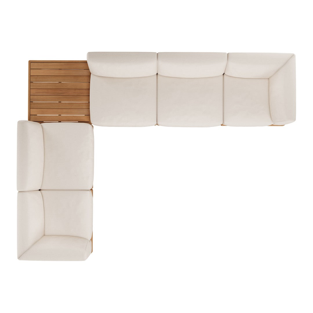 L-shaped outdoor sectional sofa in off-white fabric with a natural wood accent. Modern, minimalist design.