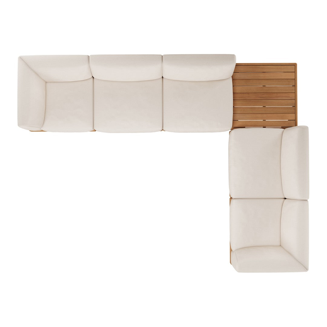 L-shaped outdoor sectional sofa in soft beige upholstery with wooden accent details. Elegant, modern design.