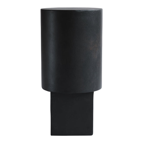 Sleek black cylindrical side table with a matte finish and geometric base design. Perfect for modern decor.