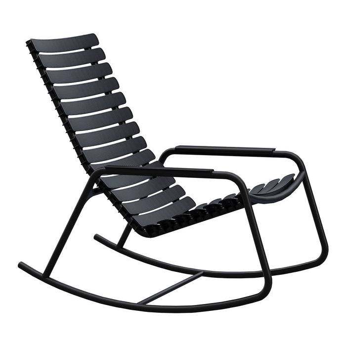 Modern black rocking chair with sleek, horizontal slat pattern and minimalist design, perfect for contemporary decor.