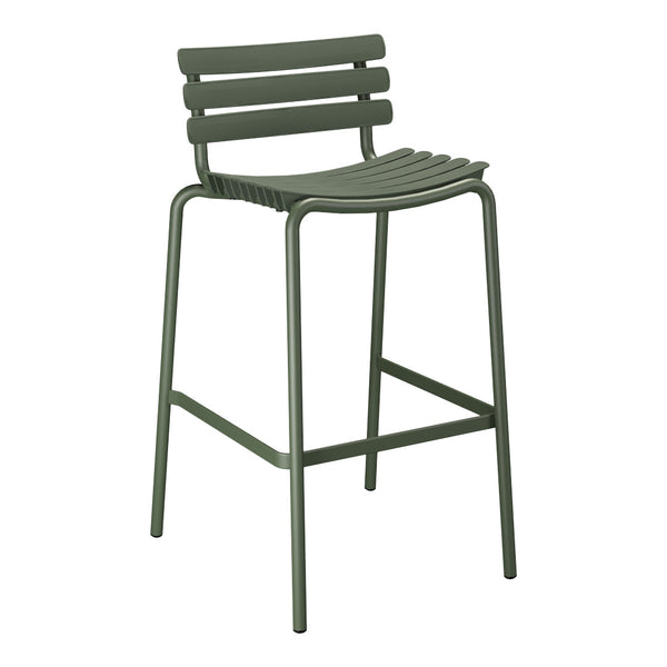 Green metal bar stool with a sleek, striped design and minimalist aesthetic, perfect for modern interiors.