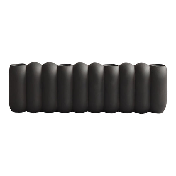 Black ceramic vase with a unique ribbed pattern, showcasing a smooth, modern design perfect for home decor.