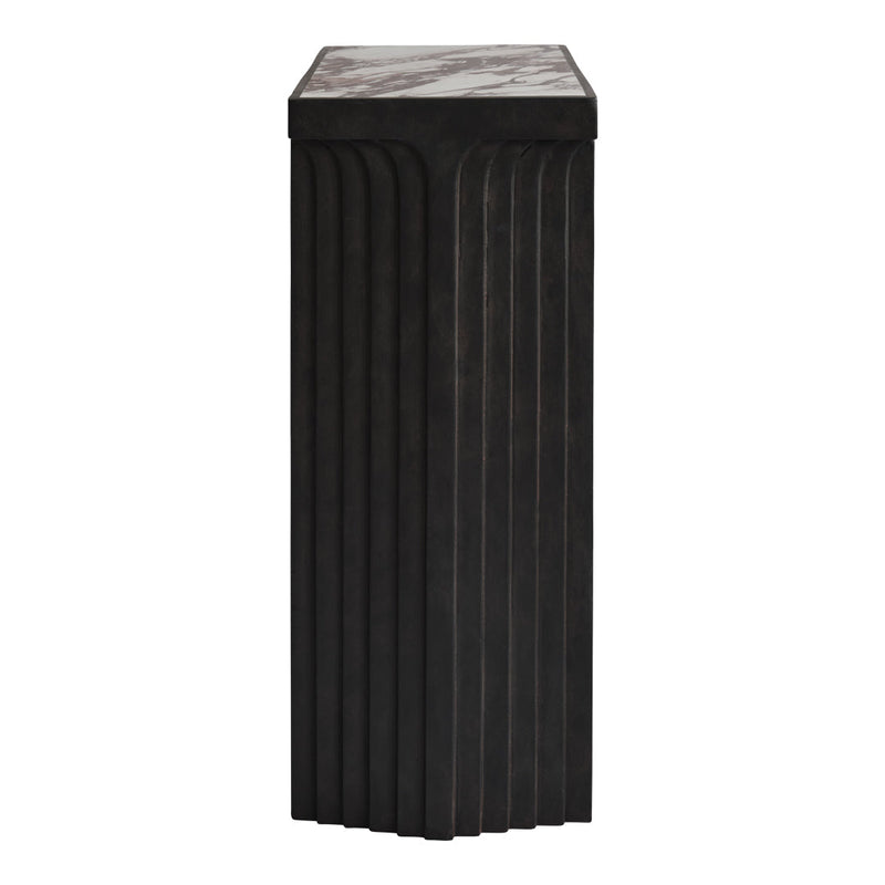 Black textured pedestal with vertical ridges and a smooth top surface, ideal for showcasing decor items.
