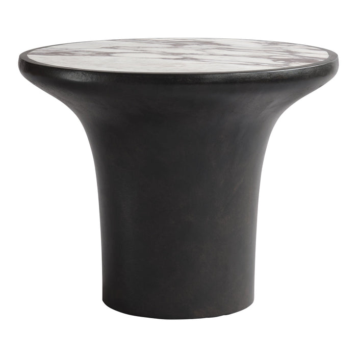 Black base with a smooth, round top featuring white marble veining patterns. Modern design, stylish accent table.